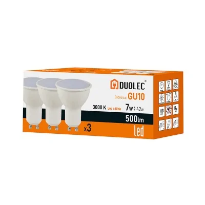 Pack 3 bombillas dicroicas LED GU10 - 7 W - 3000 K | Duolec